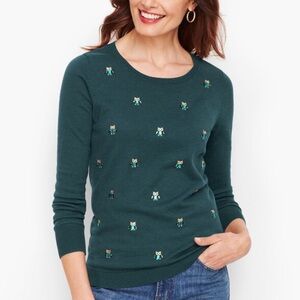 Talbots Teal Novelty Whimsy Crew Neck Bejeweled Owl Pullover Sweater M